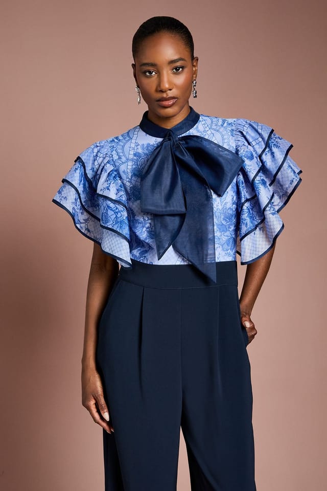 Coast Coast Women's Printed Organza Ruffle Sleeve Wide Leg Jumpsuit in Navy - 2