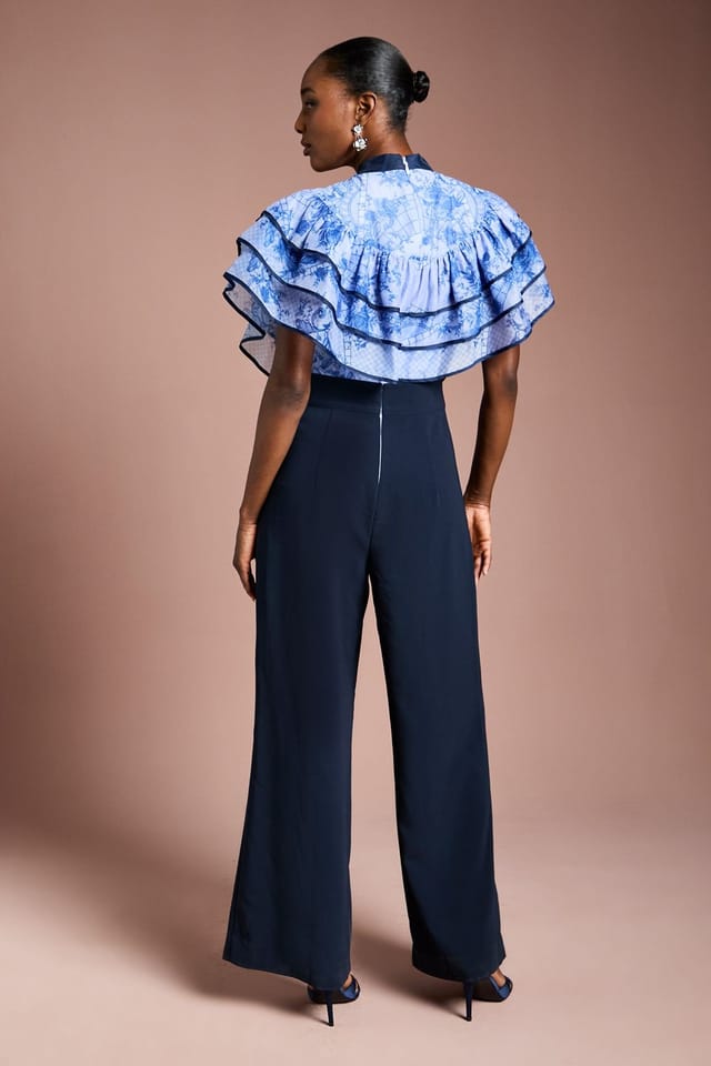 Coast Coast Women's Printed Organza Ruffle Sleeve Wide Leg Jumpsuit in Navy - 3