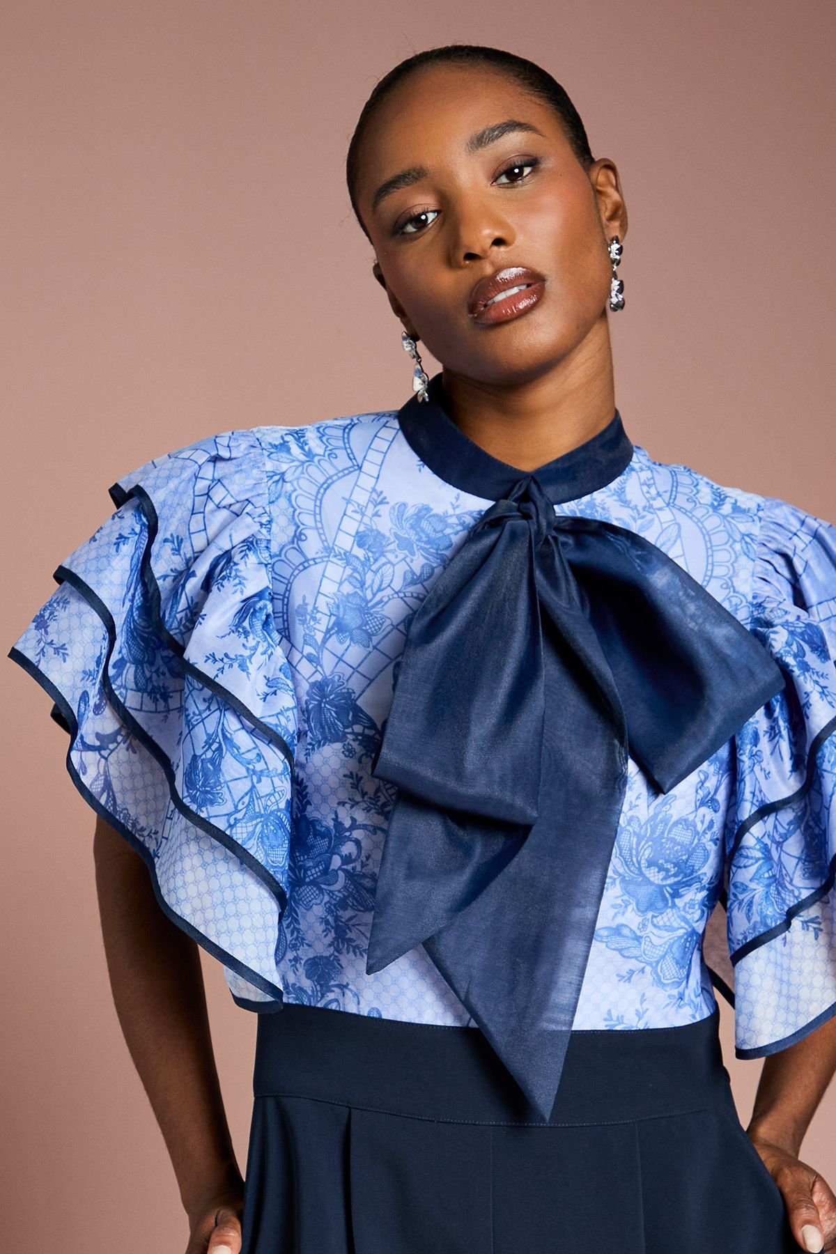 Coast Coast Women's Printed Organza Ruffle Sleeve Wide Leg Jumpsuit in Navy - 4