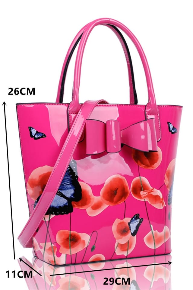 Fontanella Fashion Fontanella Fashion Women's Amapola 2IN1 Poppy Flower & Buttlefly Bucket Shaped Top-Handle Bag With Purse Set in Light Red - 2