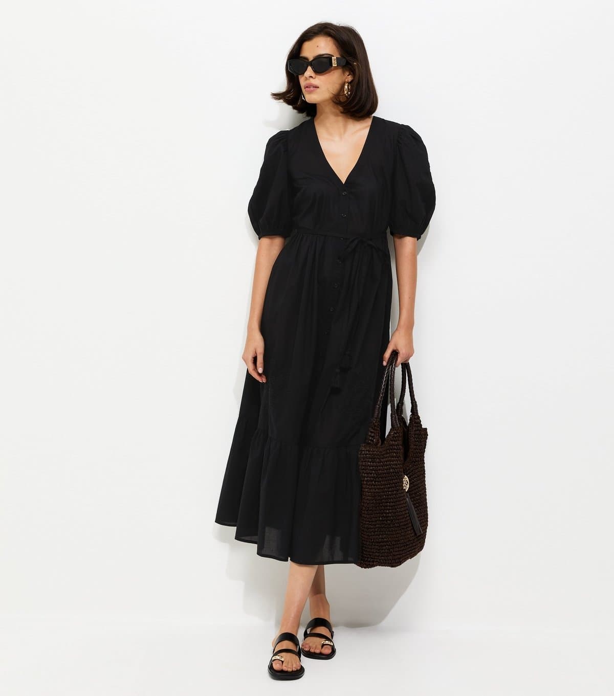 New Look Women's Black Embroidered Smock Midi Dress New Look