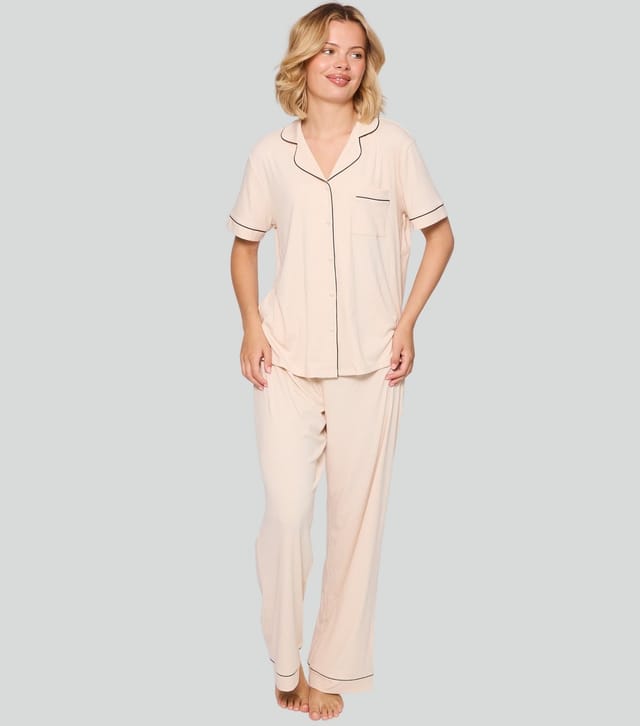 Loungeable Women's Cream Ribbed Short Sleeve Shirt and Trousers Pyjama Set Loungeable New Look - 3
