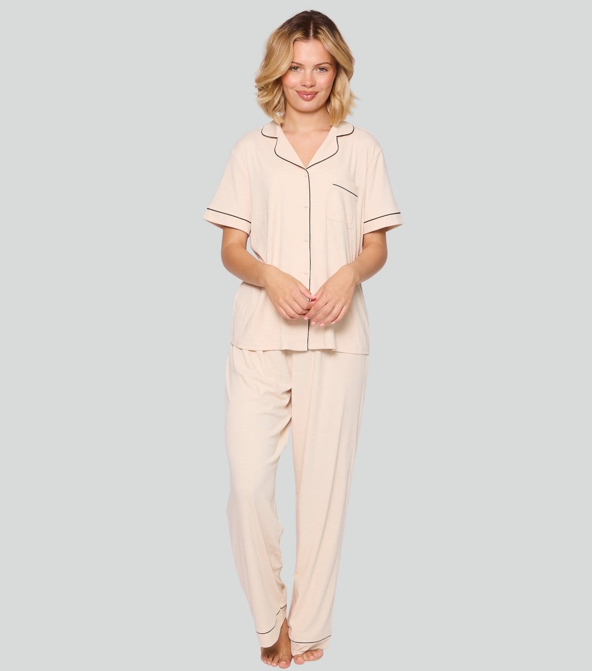Loungeable Women's Cream Ribbed Short Sleeve Shirt and Trousers Pyjama Set Loungeable New Look - 4