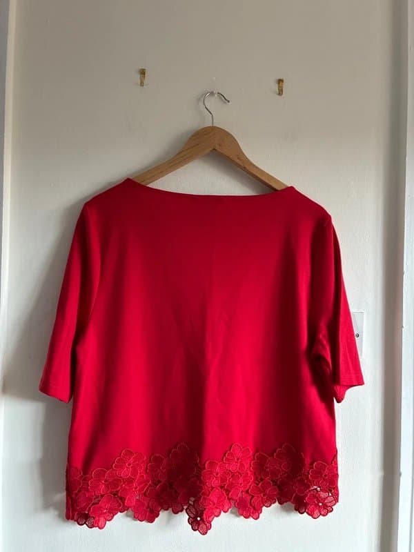 New Look New Look Size 16 Red Lace Trim Short Sleeve Top
