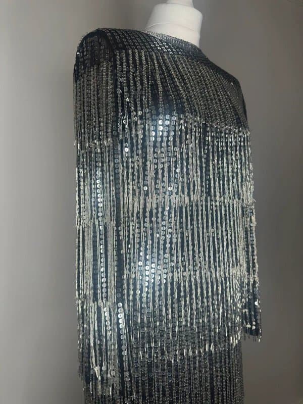 ASOS ASOS Luxe Black Silver Beaded Tassel Evening Gown UK 8 Sequin Fringe Maxi Dress