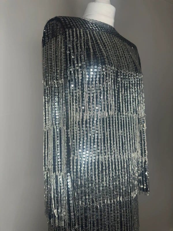 ASOS Luxe Black Silver Beaded Tassel Evening Gown