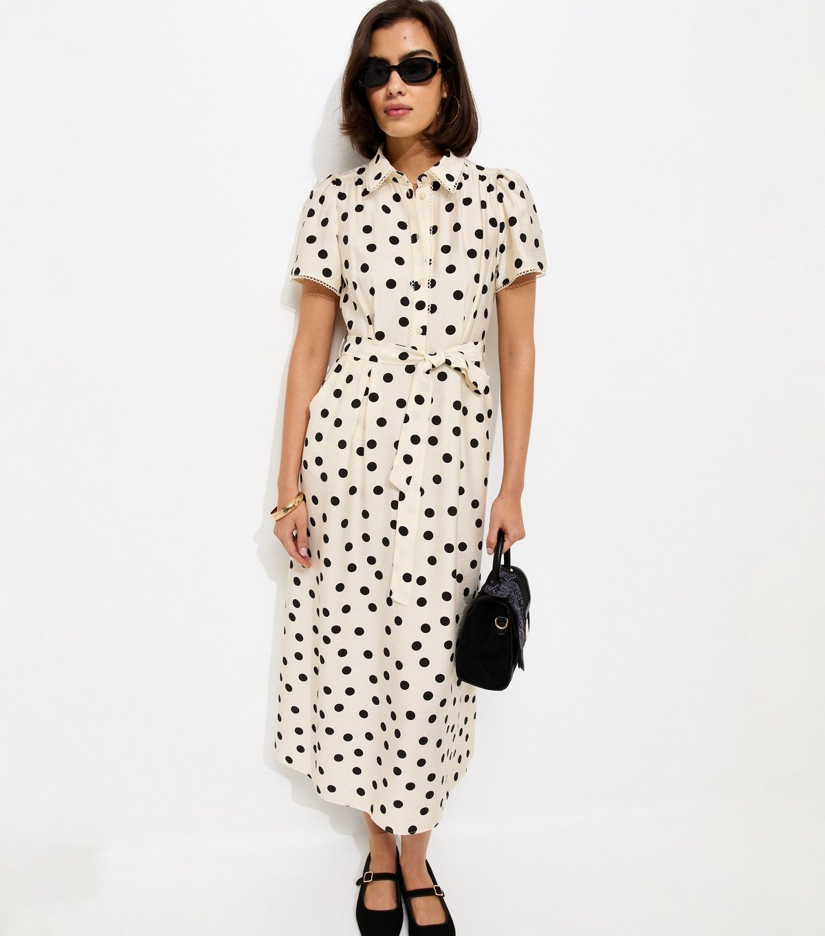 New Look Women's White and Black Frill Trim Polka Dot Shirt Midi Dress New Look - 2
