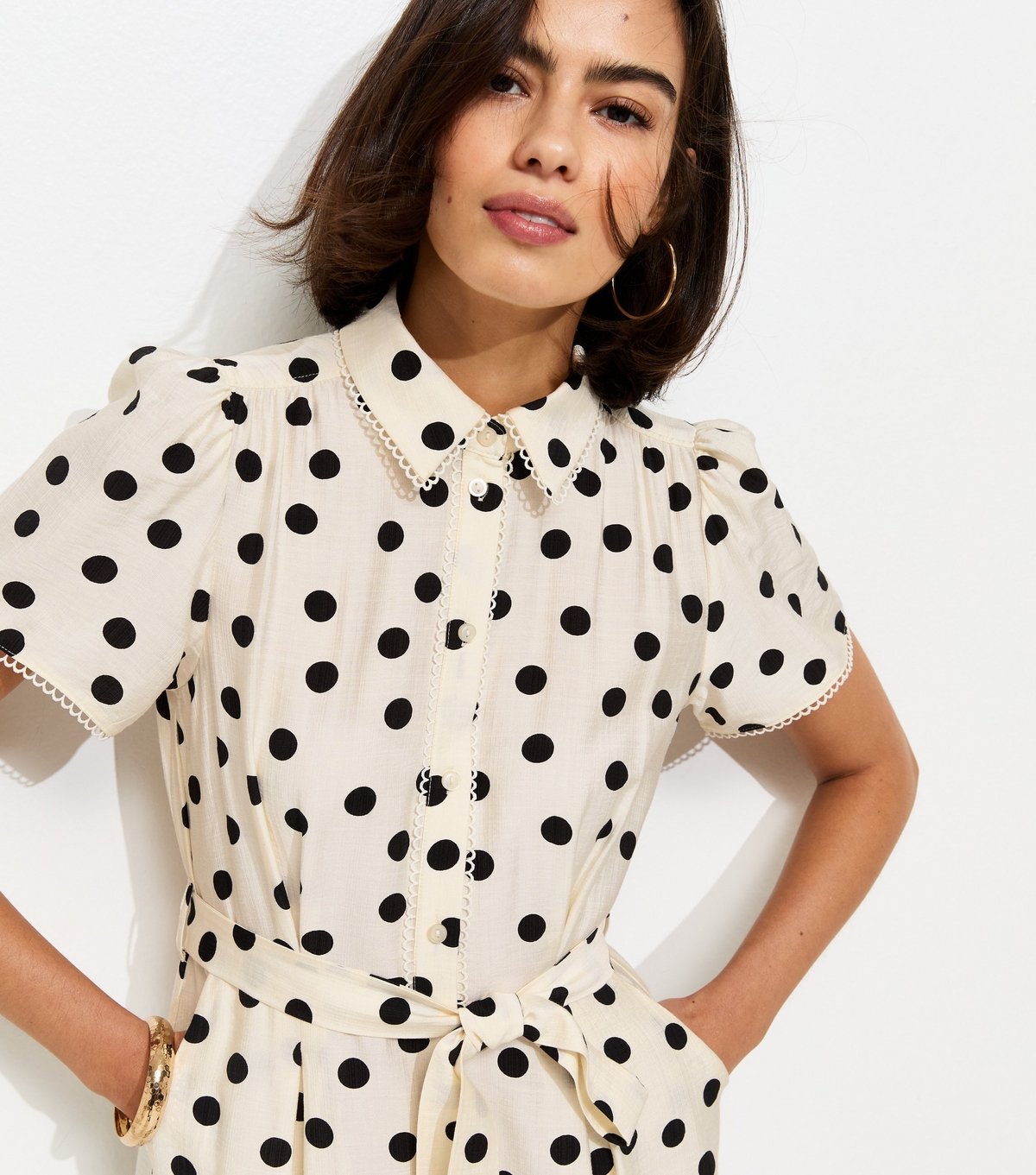 New Look Women's White and Black Frill Trim Polka Dot Shirt Midi Dress New Look - 3