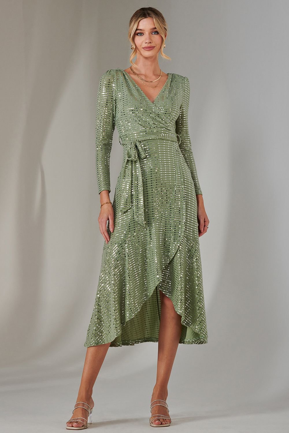 Jolie Moi Jolie Moi Women's Long Sleeve Metallic Spot Maxi Dress in Green - 2