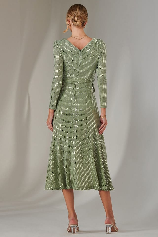 Jolie Moi Jolie Moi Women's Long Sleeve Metallic Spot Maxi Dress in Green - 2