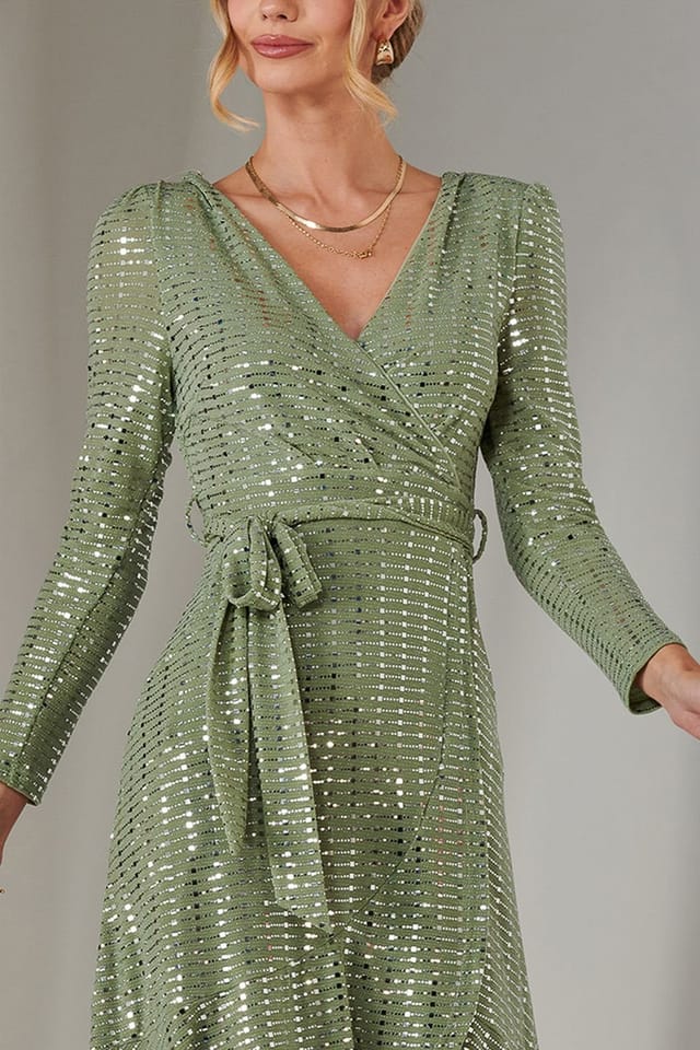 Jolie Moi Jolie Moi Women's Long Sleeve Metallic Spot Maxi Dress in Green - 3