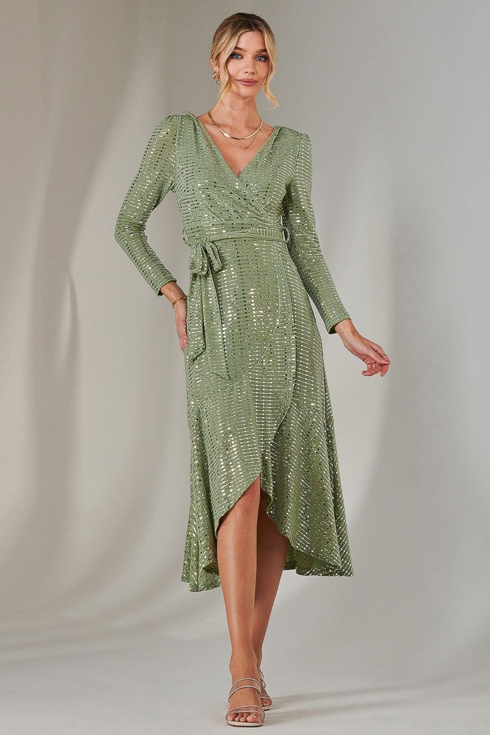 Jolie Moi Jolie Moi Women's Long Sleeve Metallic Spot Maxi Dress in Green - 4