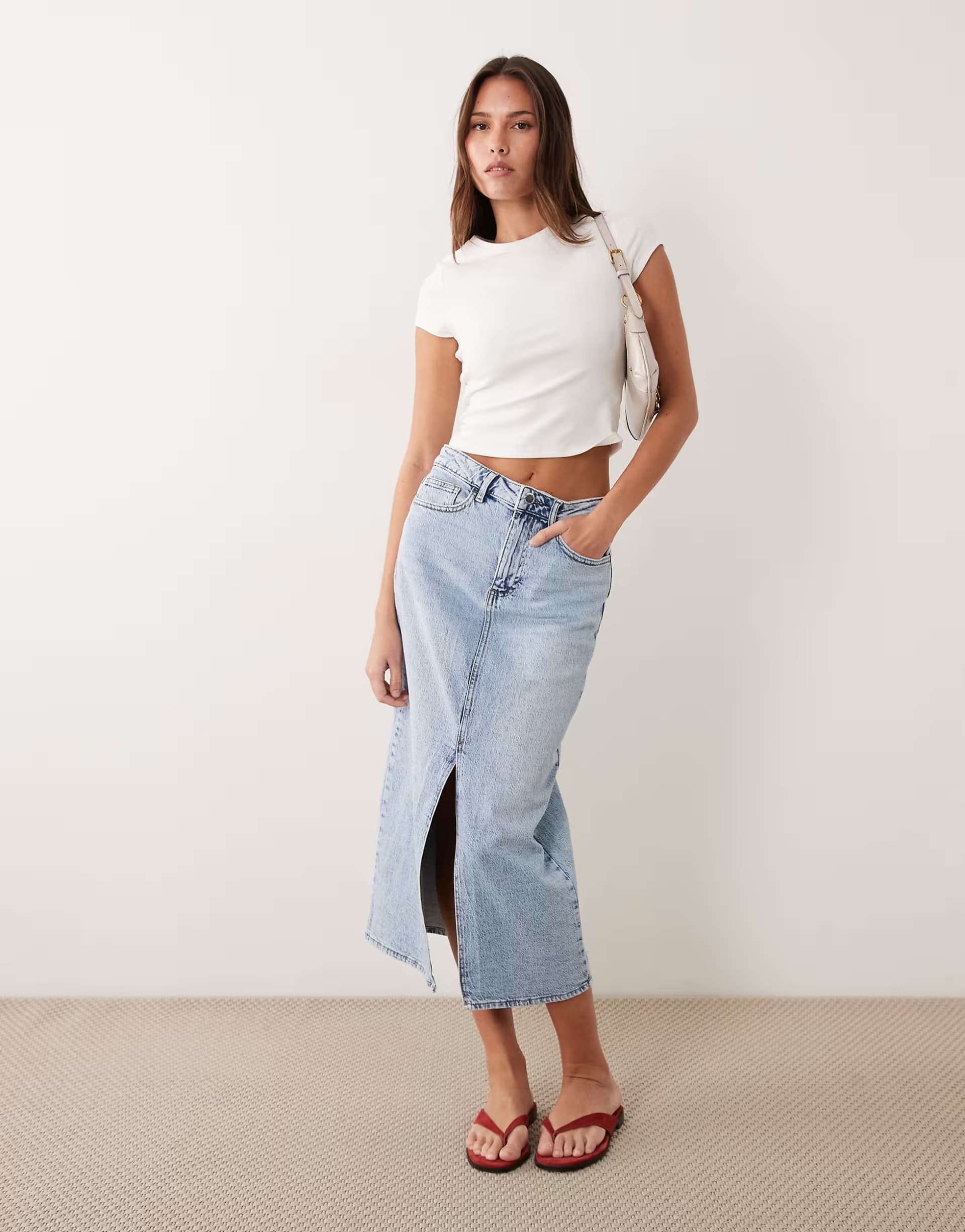 ASOS Vila high waisted denim front split midi skirt in light blue