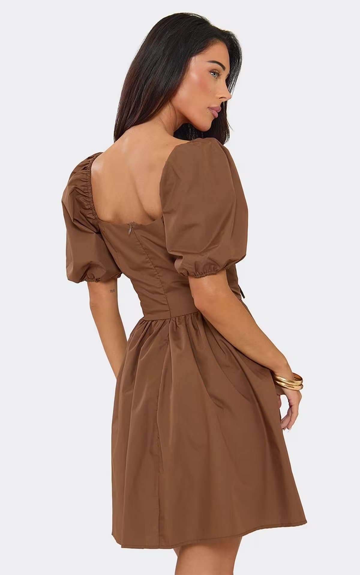 EGO Puff Sleeve Tie Front Ruched Bust Mini Shift Dress In Brown, Women's Size UK 10