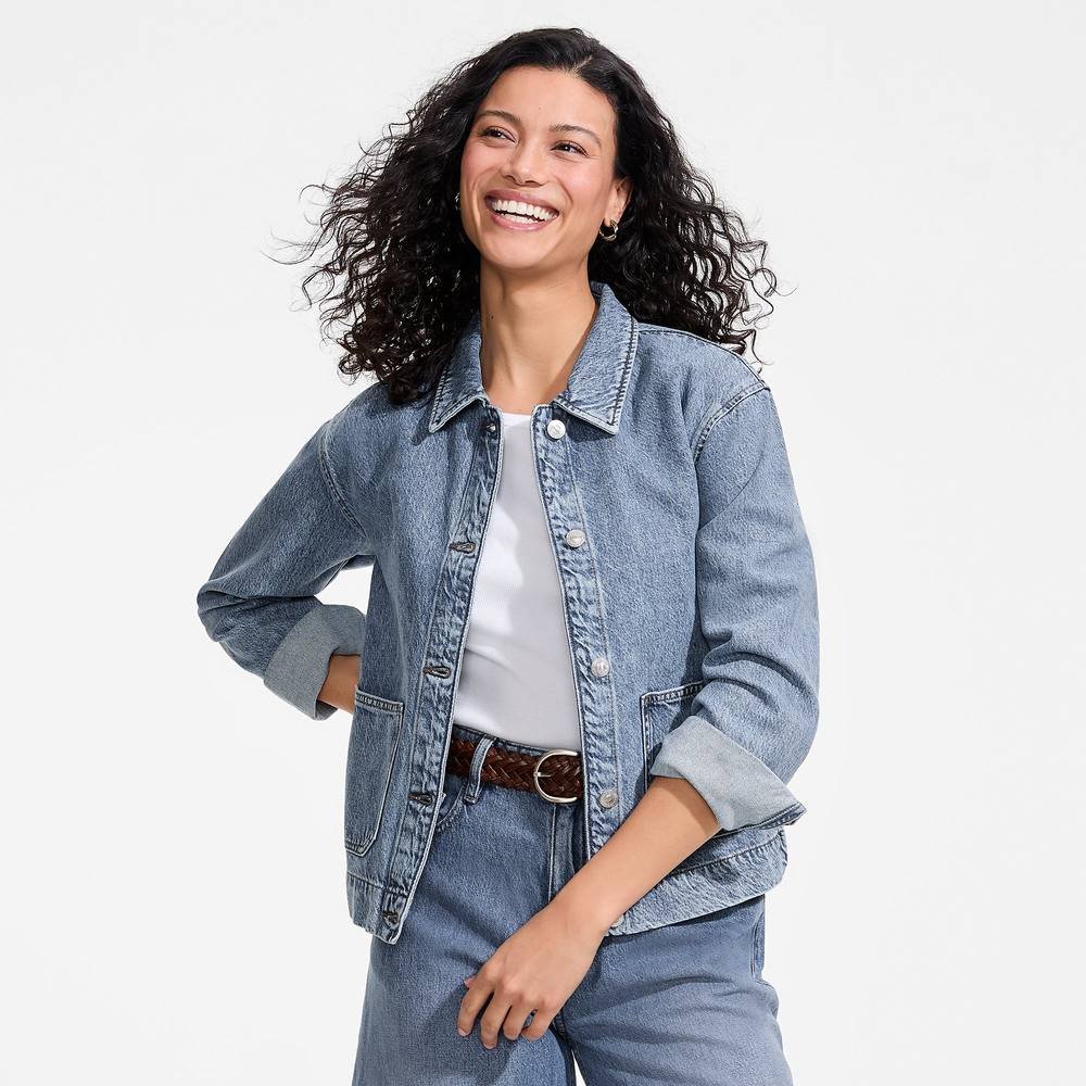 lands end Lands' End Women's Petite Linen Blend Jeans Jacket in Baby Blue - 4