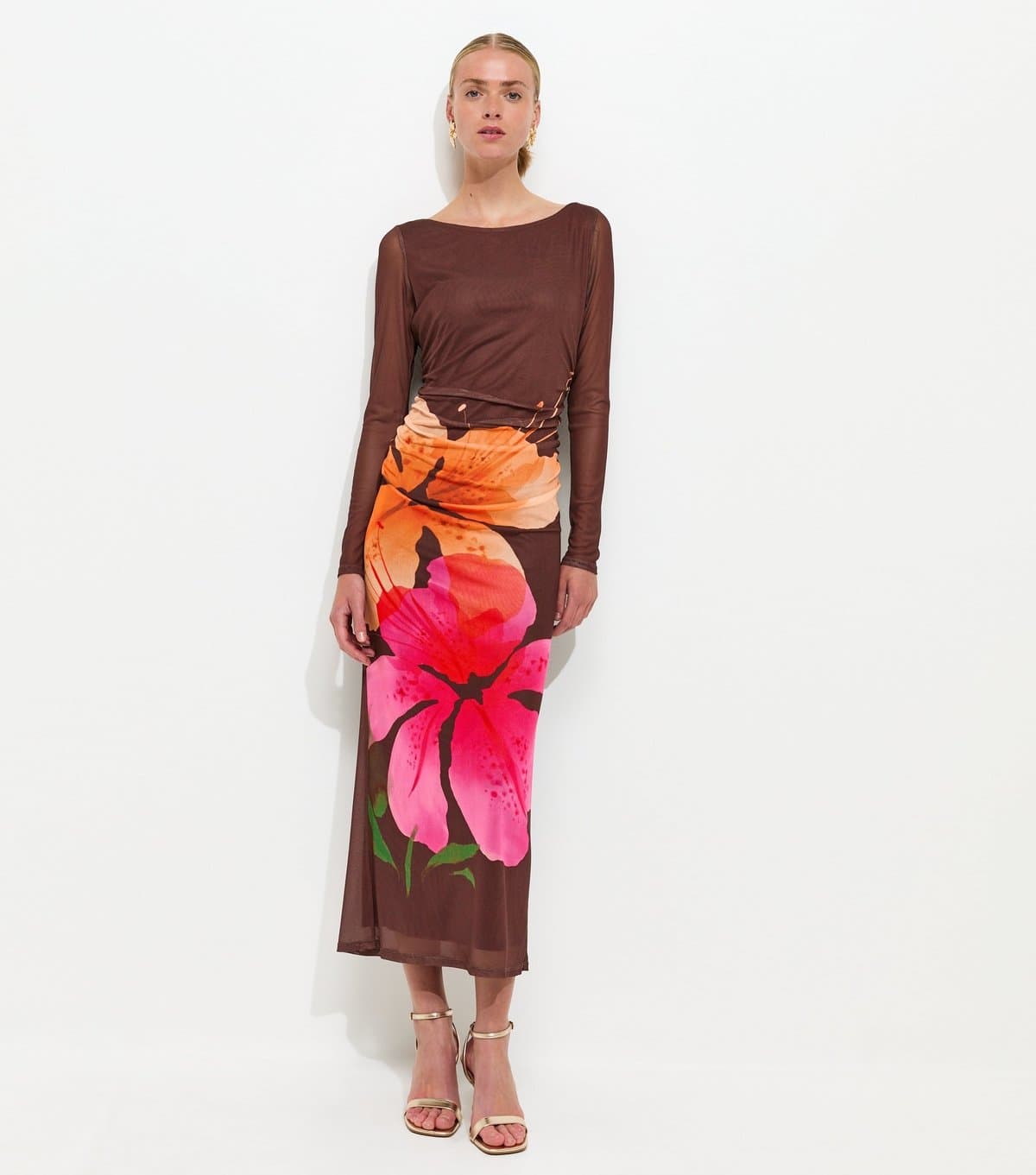 New Look Women's Brown Orchid Mesh Long Sleeve Midi Dress New Look