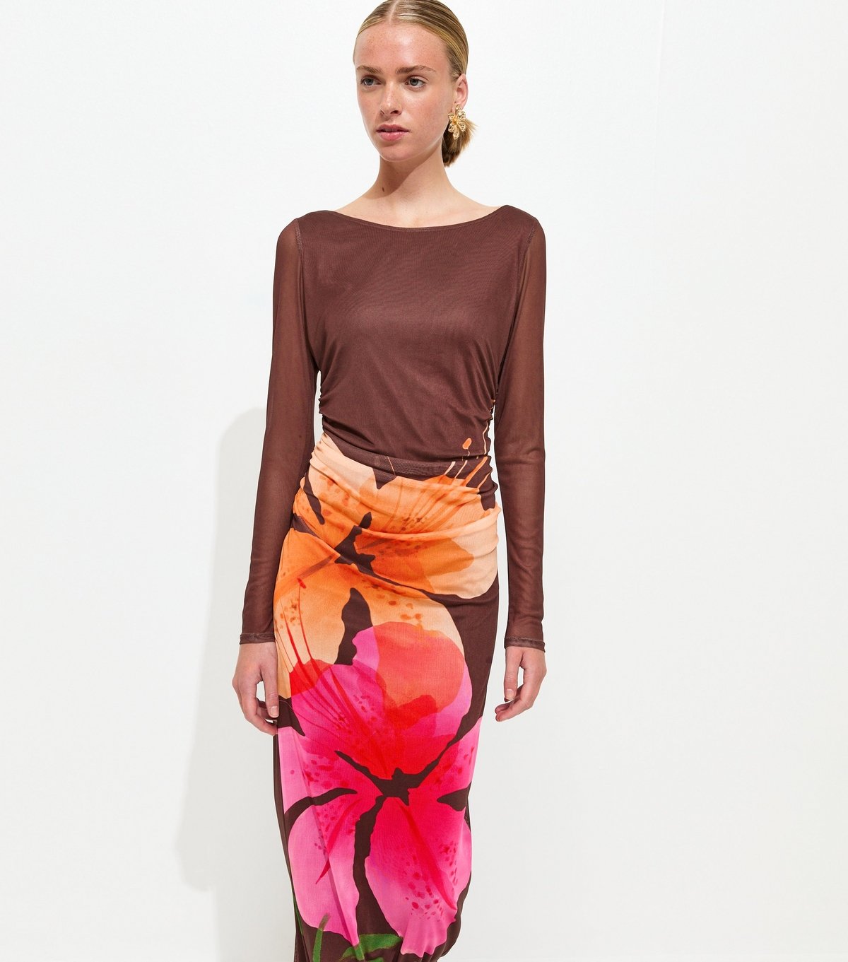 New Look Women's Brown Orchid Mesh Long Sleeve Midi Dress New Look - 2