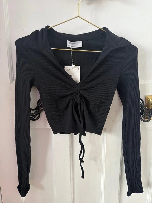 Bershka Ruched black long sleeve crop top