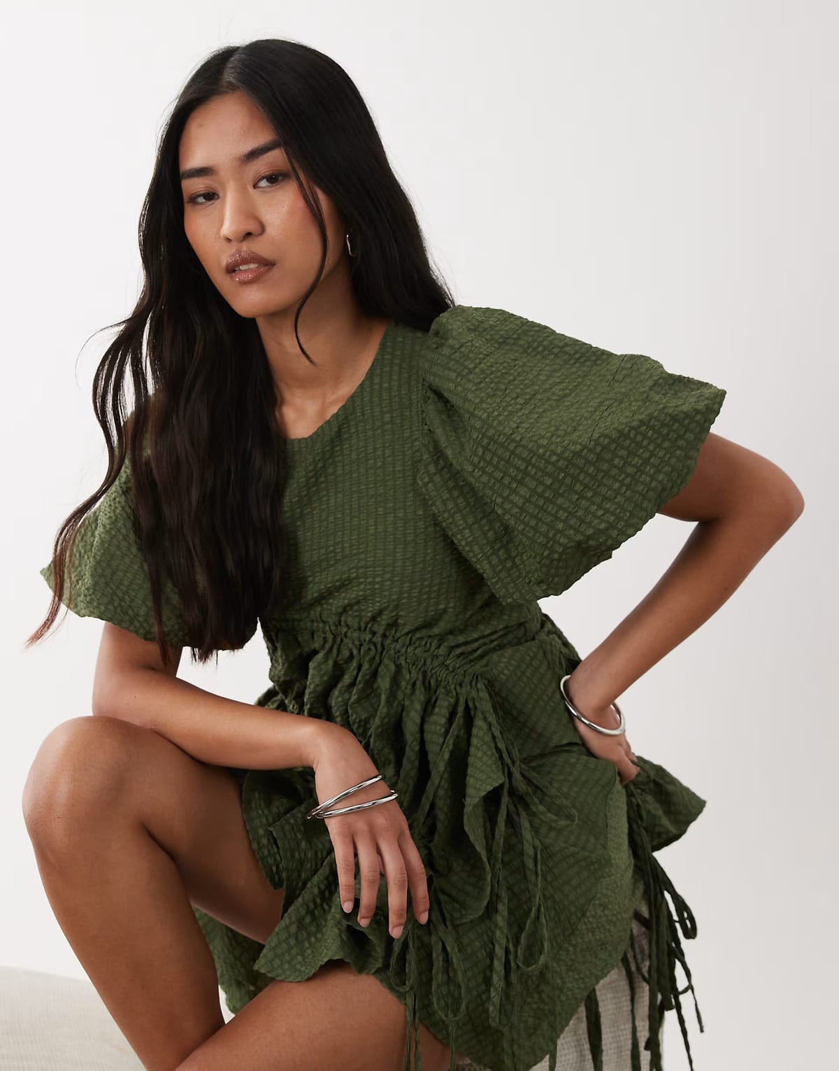 ASOS Ghospell ruched asymmetric hem floaty top co-ord in dark green - 1