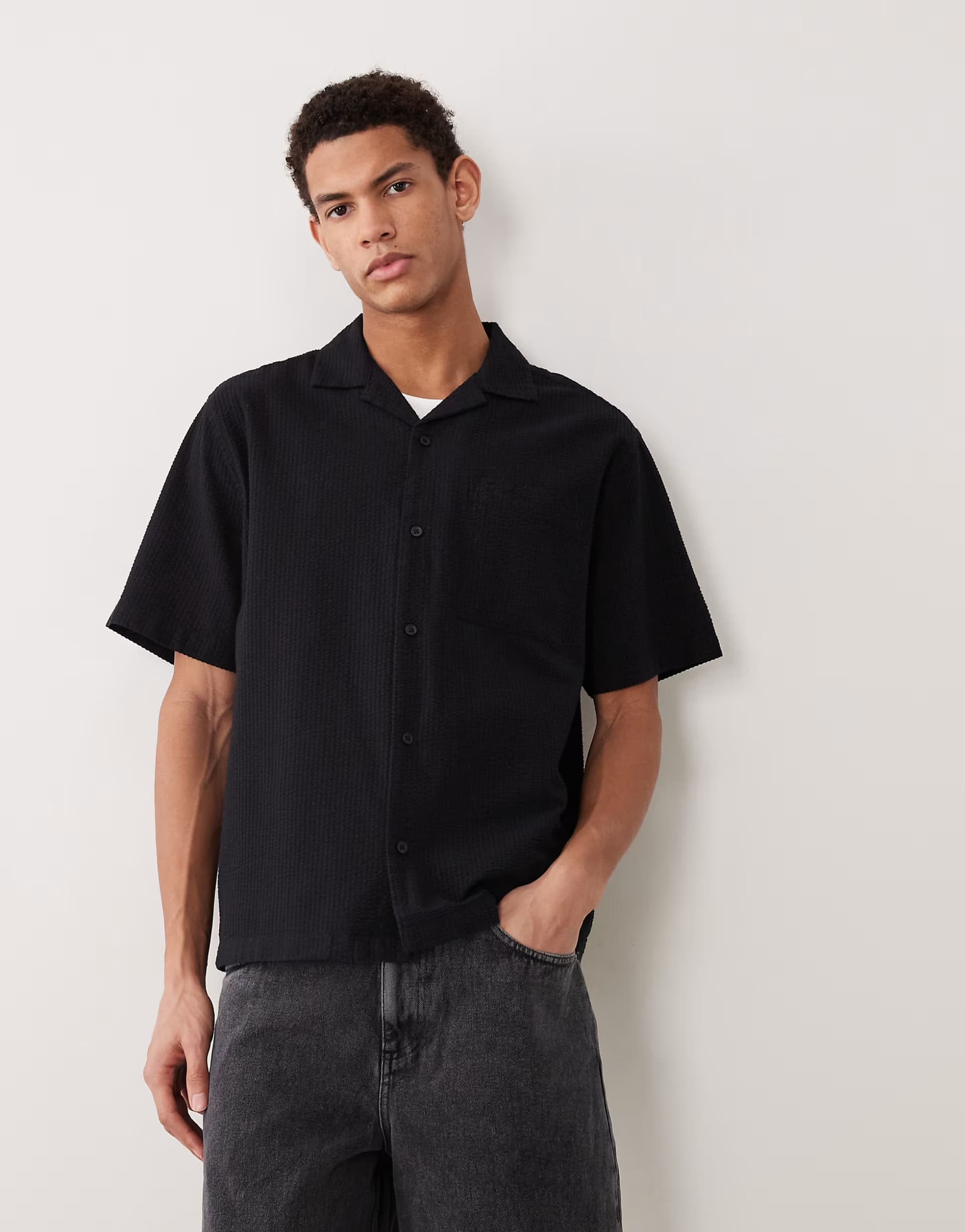 ASOS ASOS DESIGN relaxed revere seersucker shirt in black