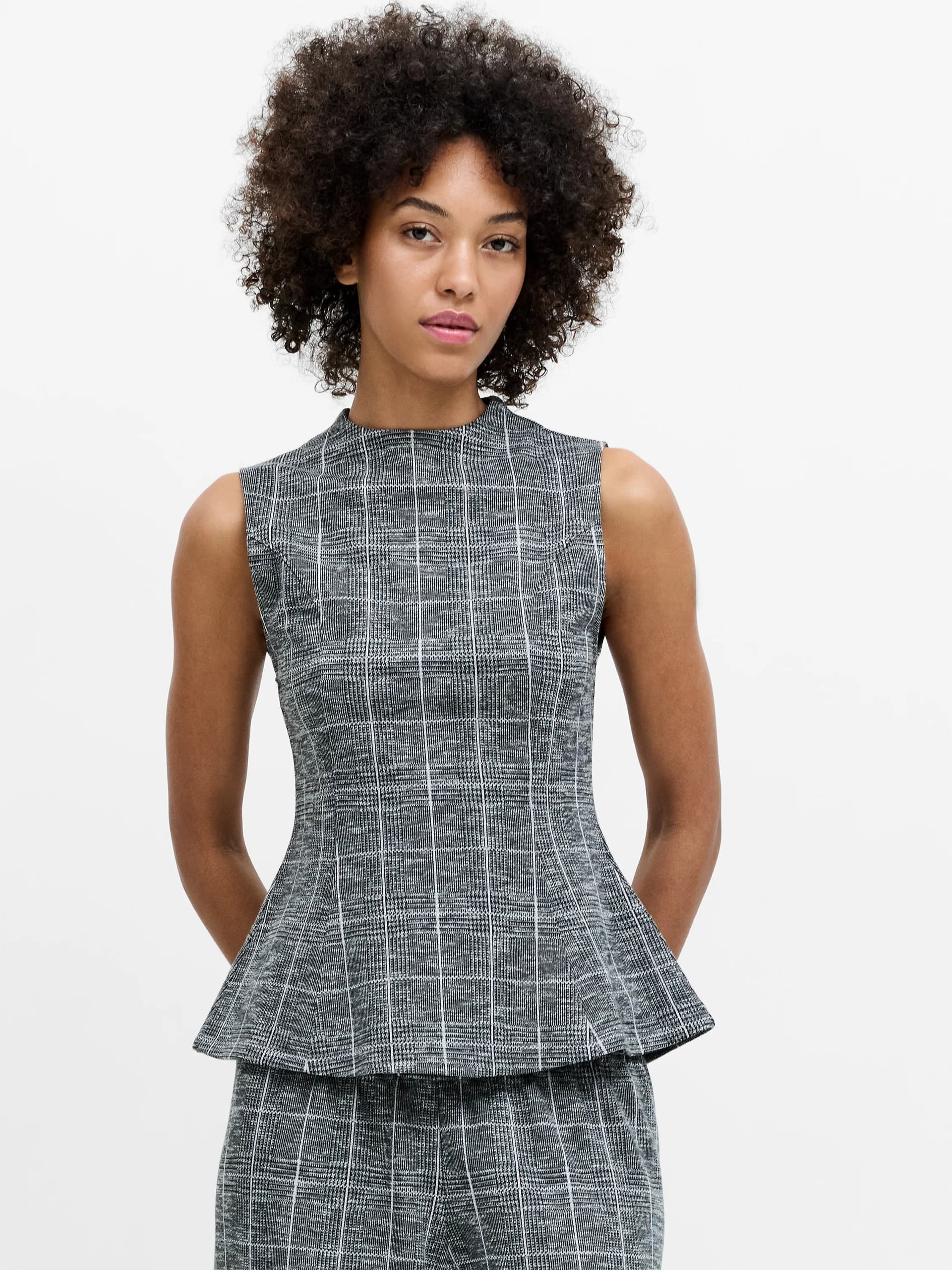 French Connection Wesley Jersey Grey Check Peplum Top Grey Multi