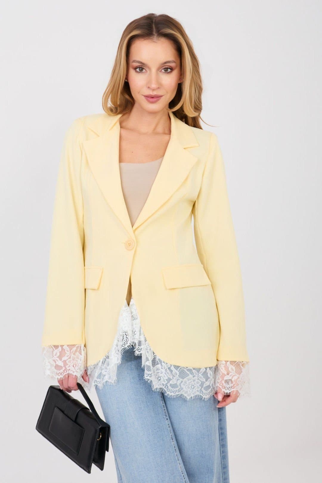 Love Lace Love Lace Women's Elegant Single Button Blazer with Lace Trim in Yellow