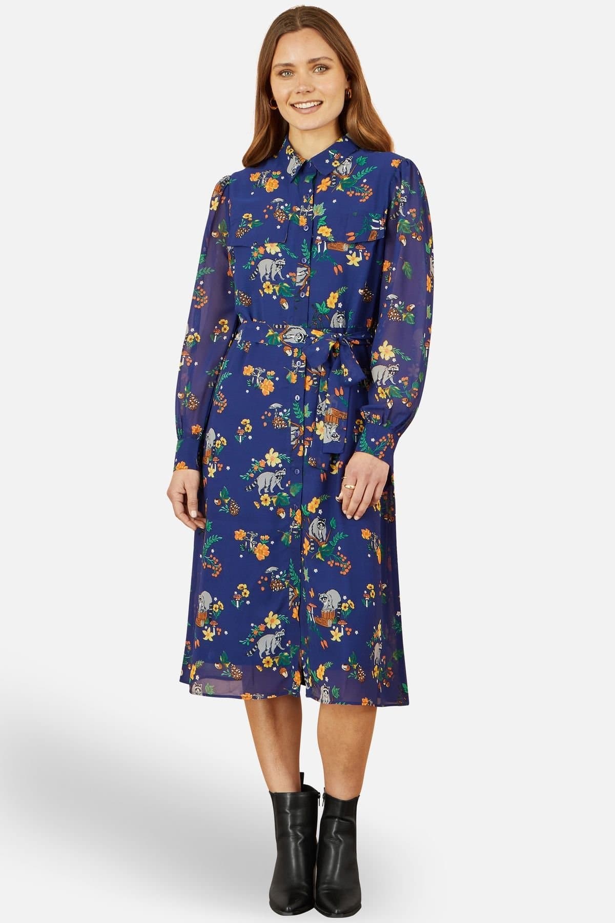 Yumi Yumi Women's Navy Raccoon Print Shirt Midi Dress