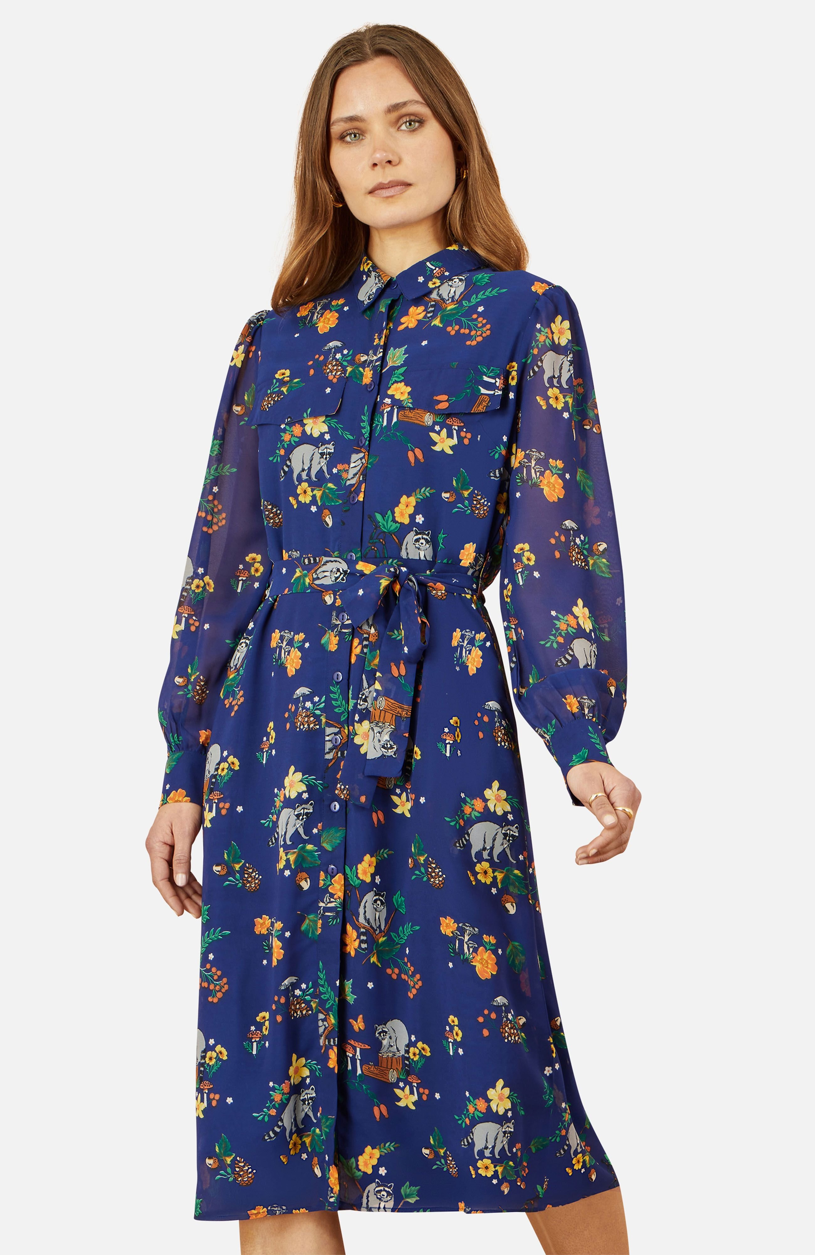 Yumi Yumi Women's Navy Raccoon Print Shirt Midi Dress - 2