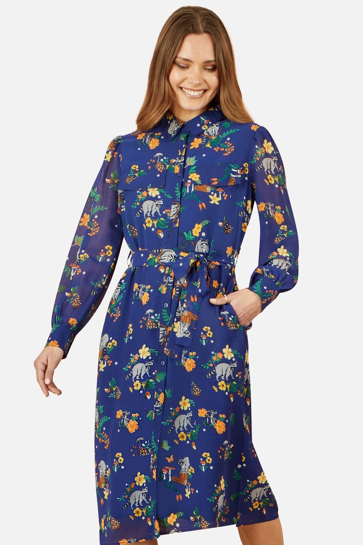 Yumi Yumi Women's Navy Raccoon Print Shirt Midi Dress - 4