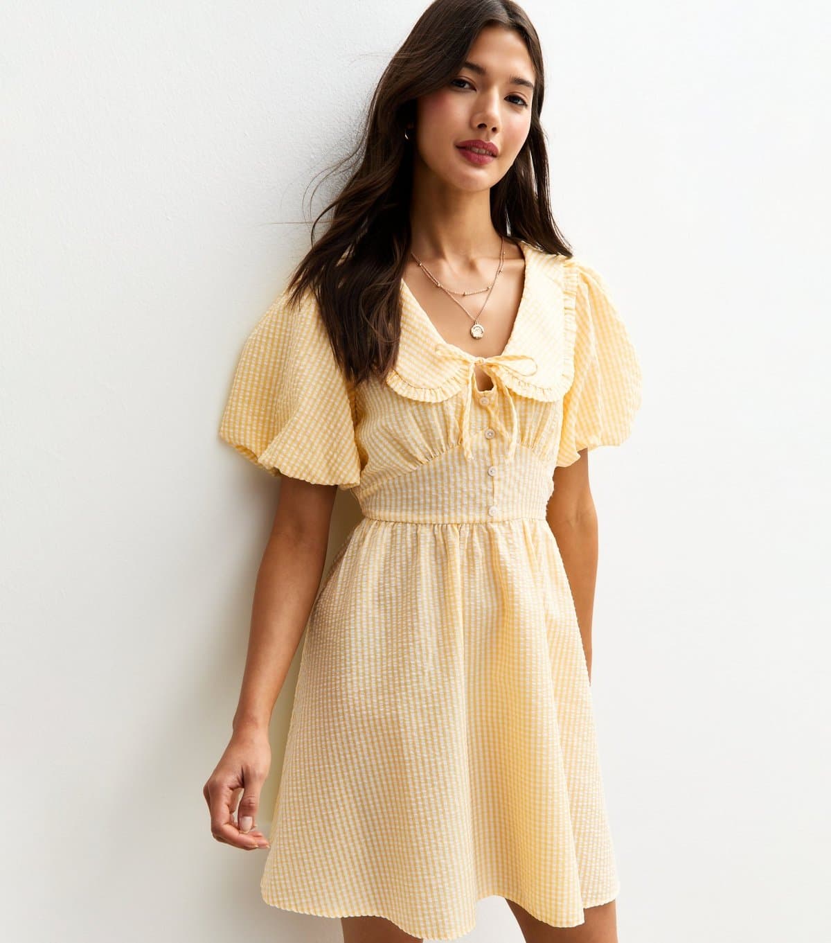 New Look Women's Yellow Gingham Crinkle Texture Collared Puff Sleeve Mini Dress New Look