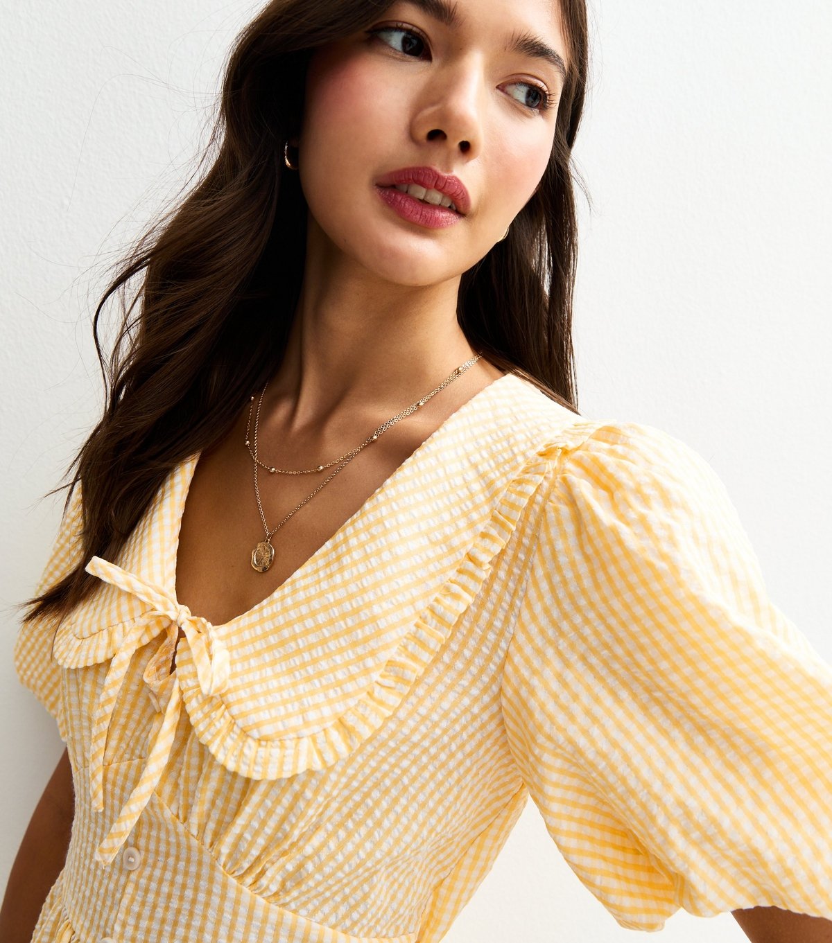 New Look Women's Yellow Gingham Crinkle Texture Collared Puff Sleeve Mini Dress New Look - 2