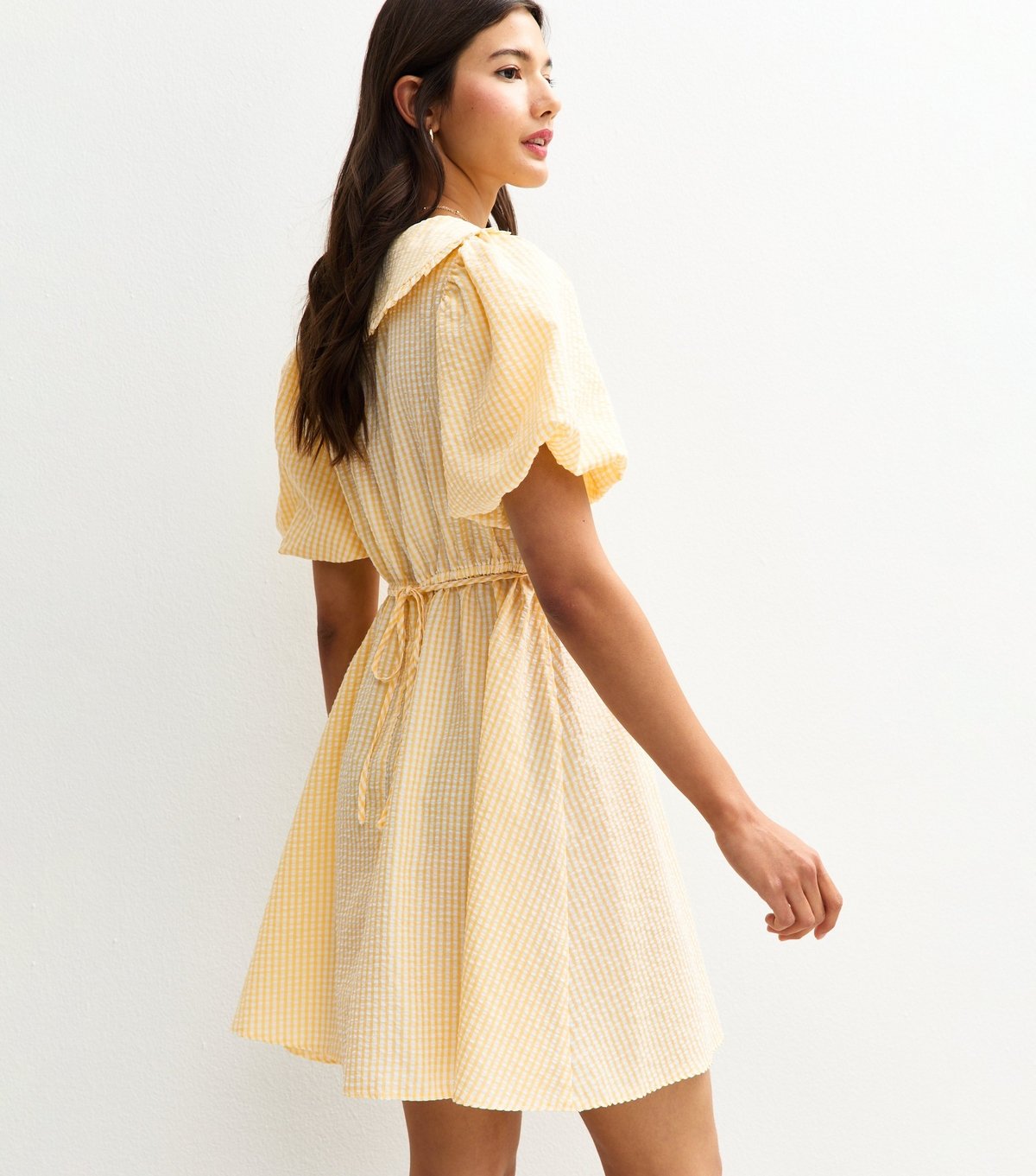 New Look Women's Yellow Gingham Crinkle Texture Collared Puff Sleeve Mini Dress New Look - 4