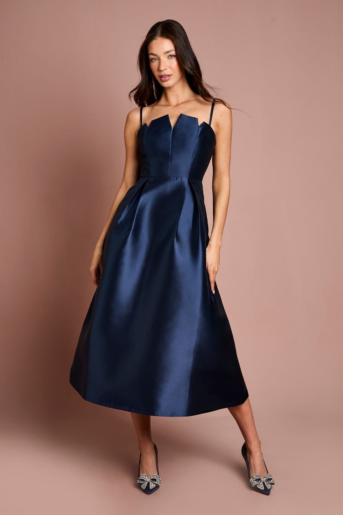 Coast Coast Women's Notch Neck Detail Twill Midi Dress in Navy