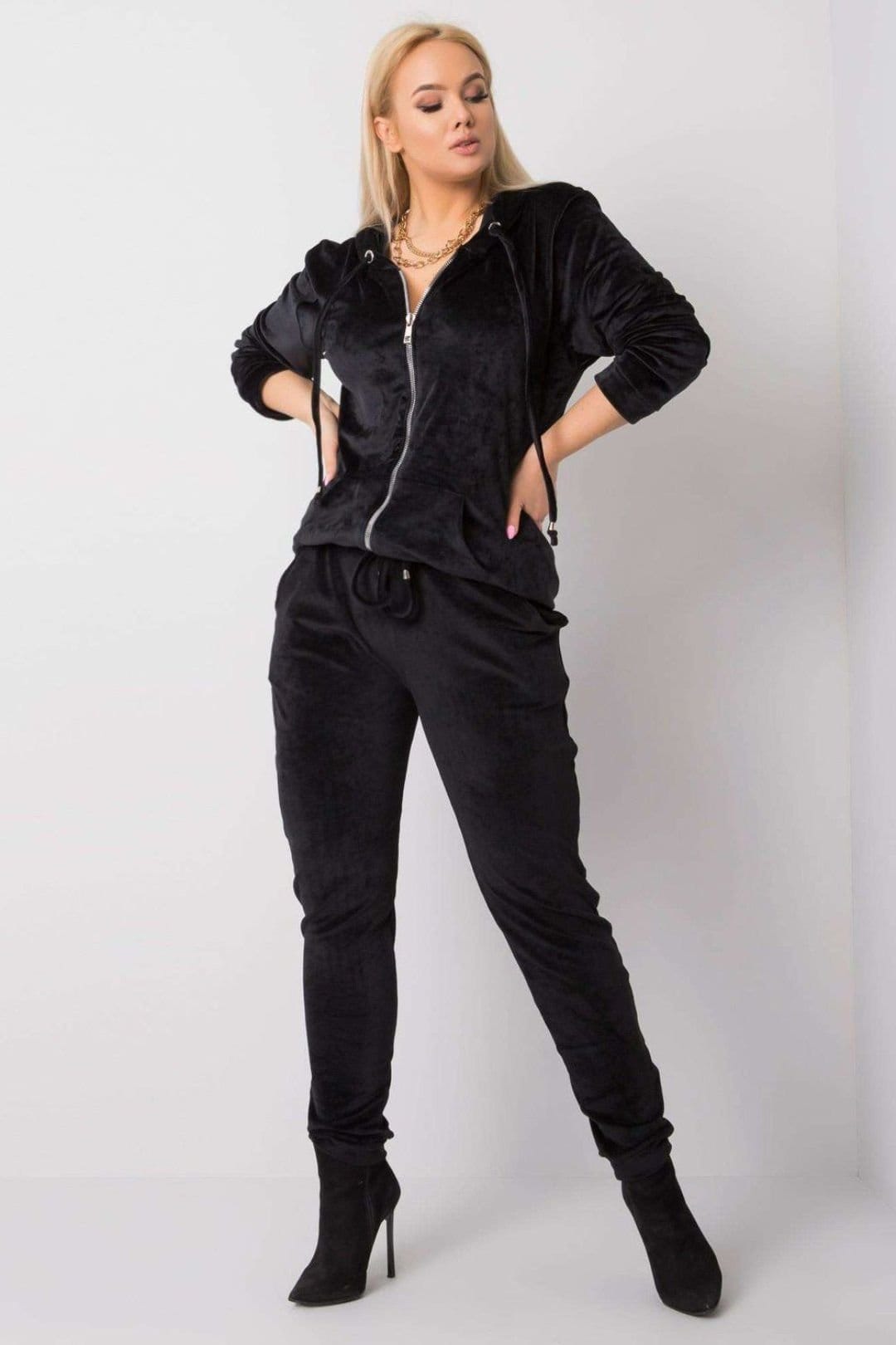 Love Lace Plus Size Velour Zip Hoodie Pant Set In Black
