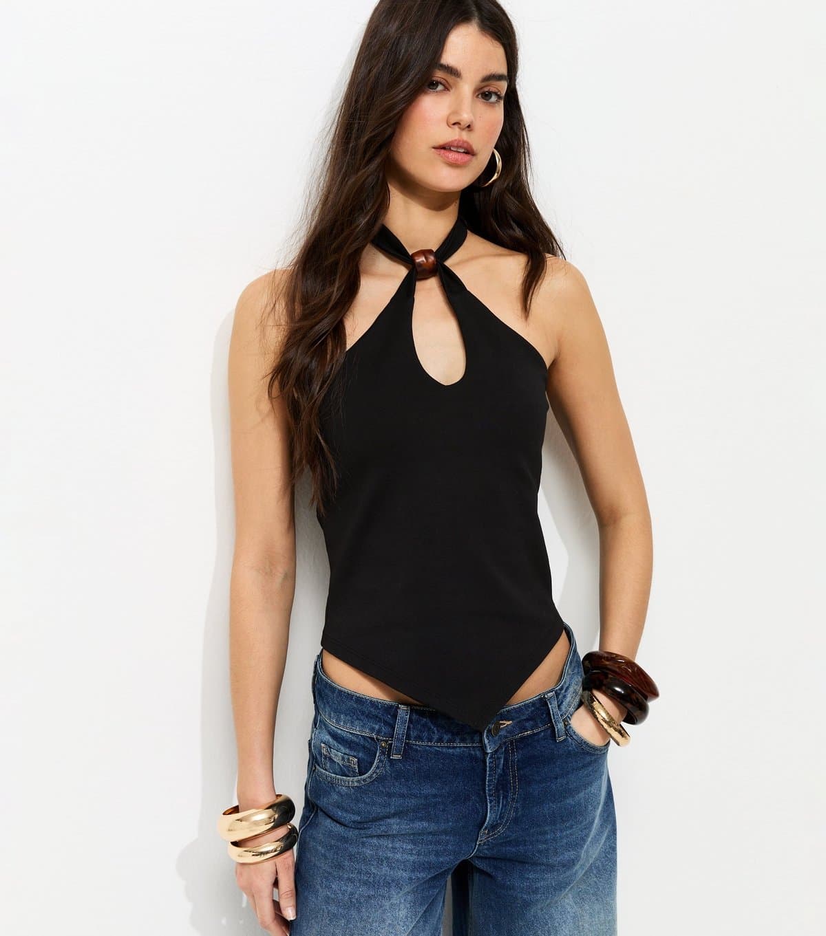 New Look Women's Black Jersey Resin Bead Halter Top New Look
