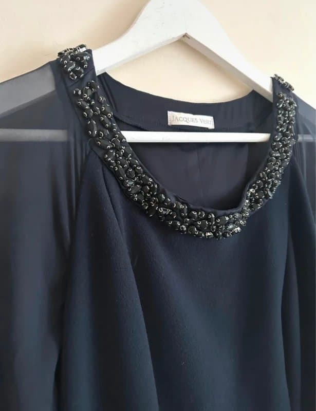 Jacques Vert Jacques Vert Navy Occasion Dress UK 8 Chiffon Cape Sleeve Beaded Neck Wedding Guest Elegant
