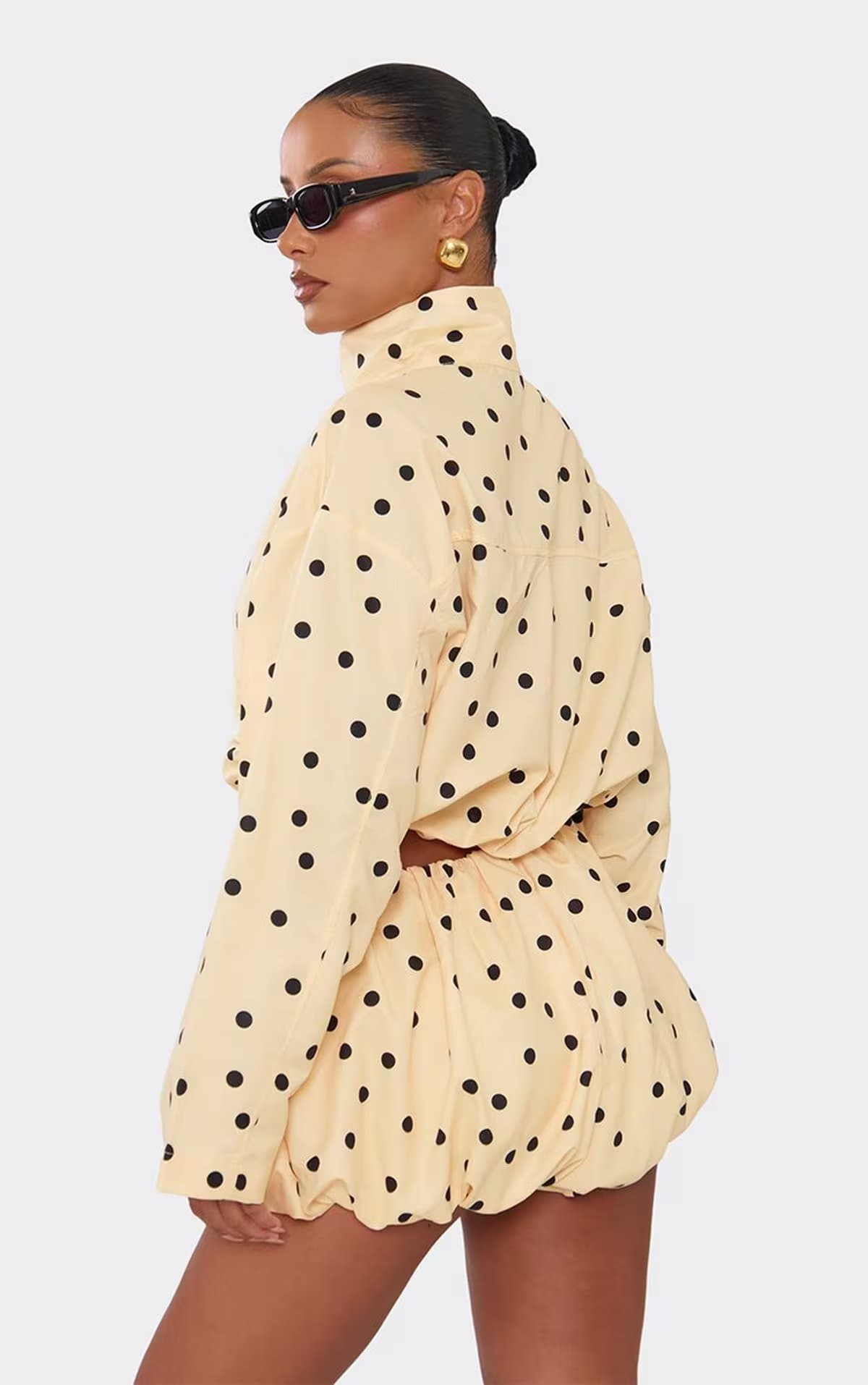 EGO High Neck Ruched Jacket And Puff Ball Mini Skirt Set In Lemon Polka Dot, Women's Size UK S