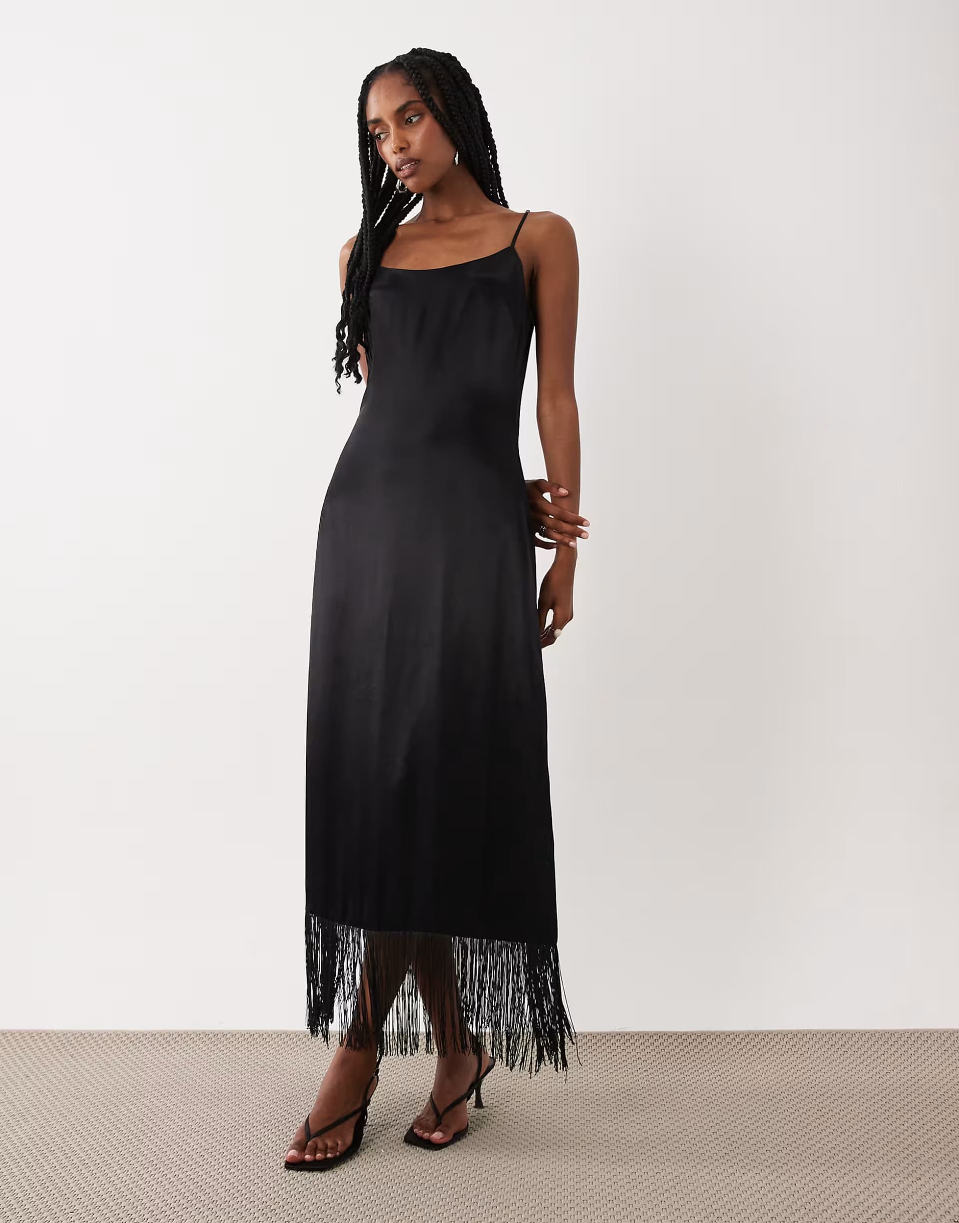ASOS ASOS DESIGN satin midi slip dress with fringe detail in black