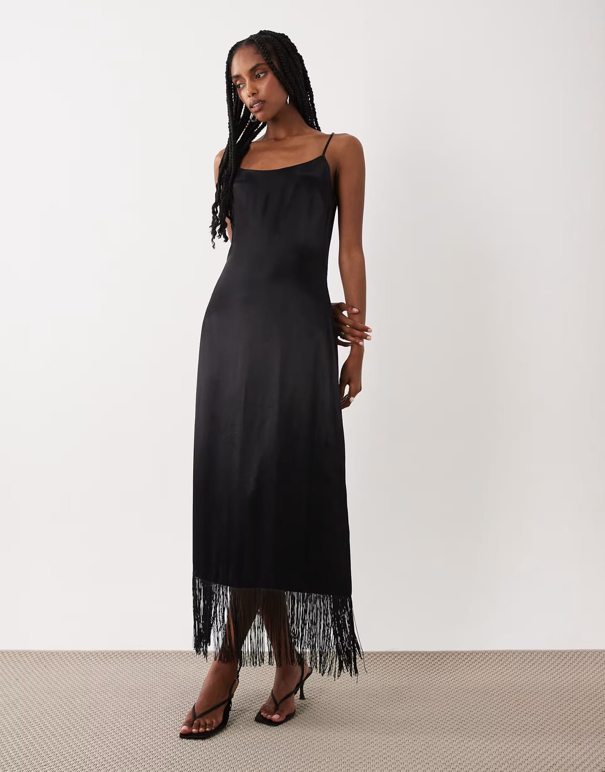 ASOS ASOS DESIGN satin midi slip dress with fringe detail in black - 1