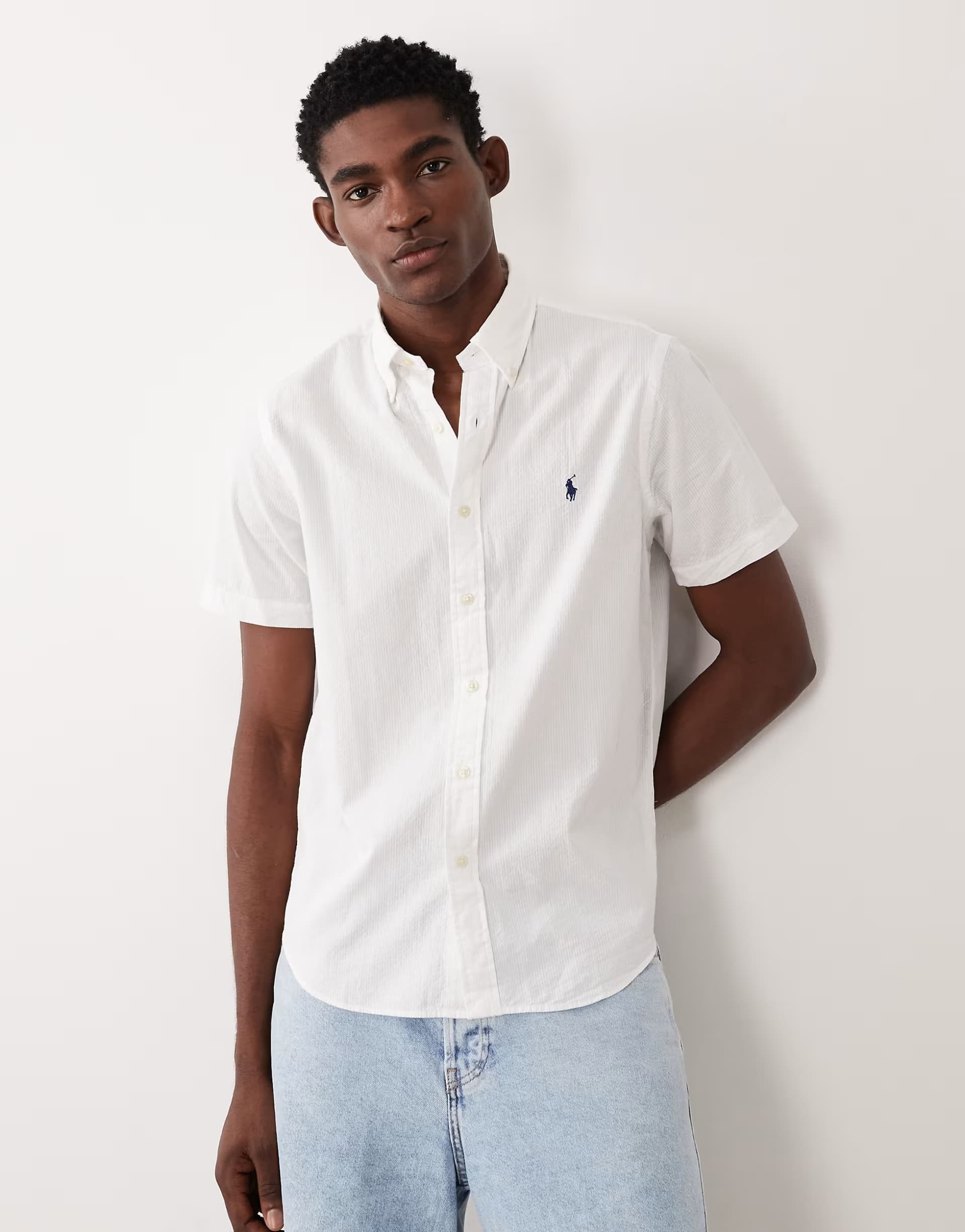 ASOS Polo Ralph Lauren icon logo short sleeve cotton seersucker shirt in white