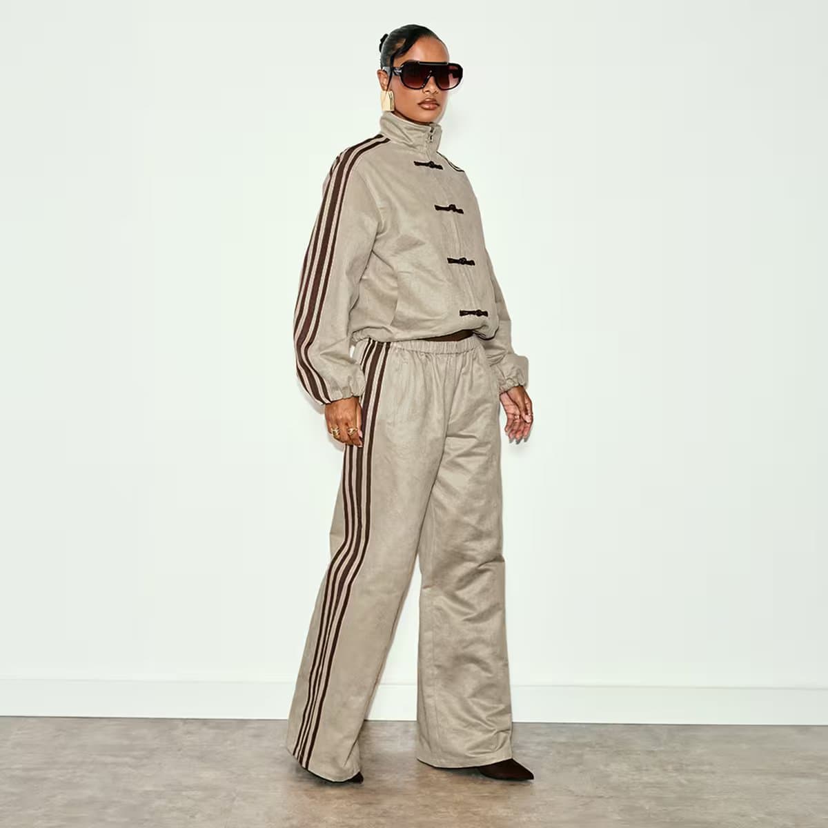 EGO Mid Rise Side Stripe Wide Leg Joggers In Stone Faux Suede, Women's Size UK 6