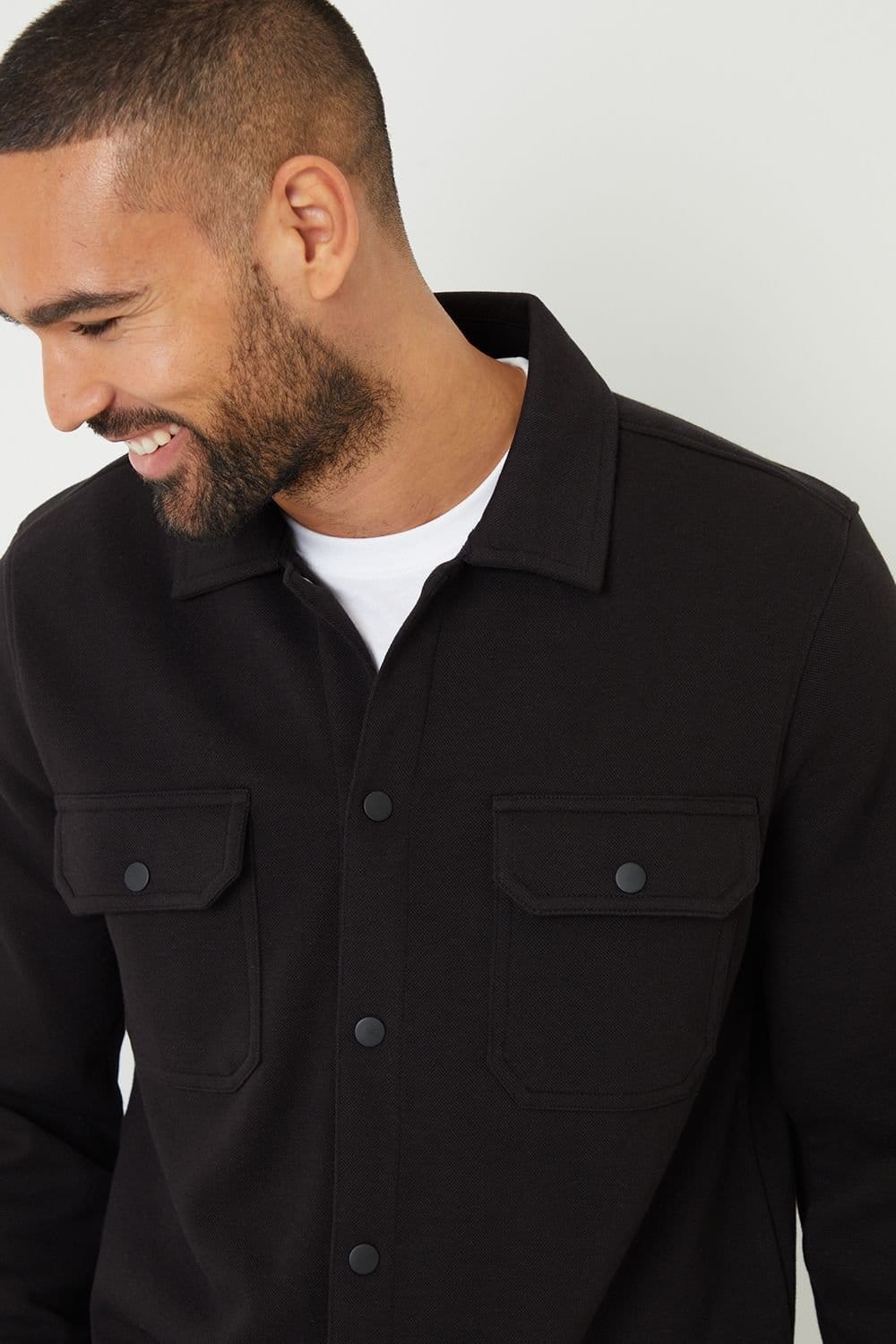 Threadbare Threadbare Men's Cotton Blend Popper Fastening Pique Shacket in Black - 4