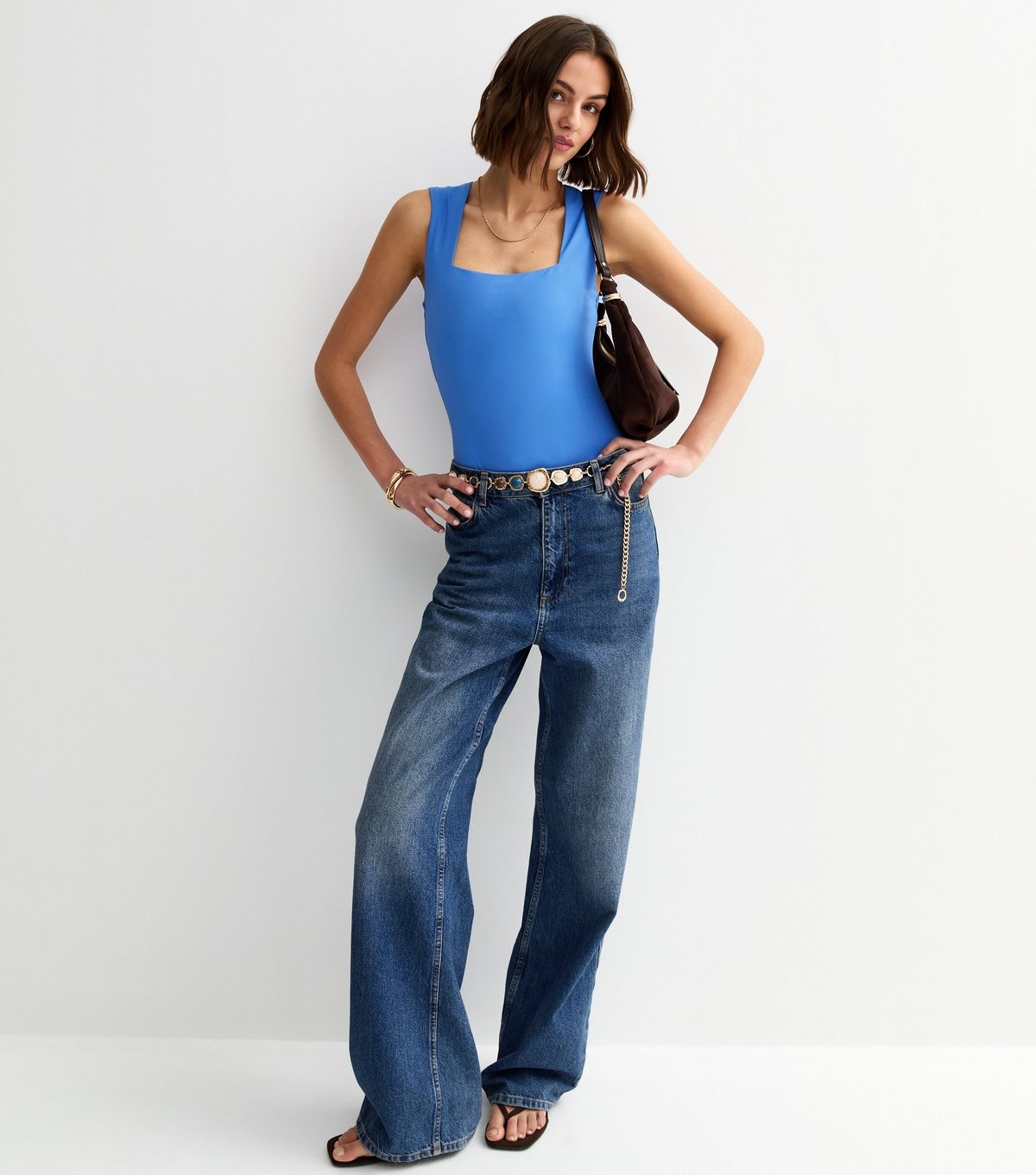 New Look Women's Bright Blue Slinky Square Neck Sleeveless Bodysuit New Look - 3