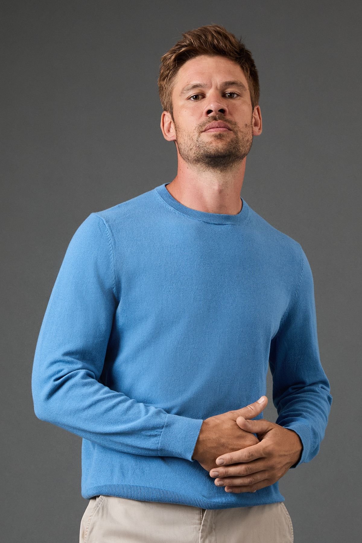 Burton Burton Men's Cotton Rich Crew Neck Jumper in Mid Blue - 2