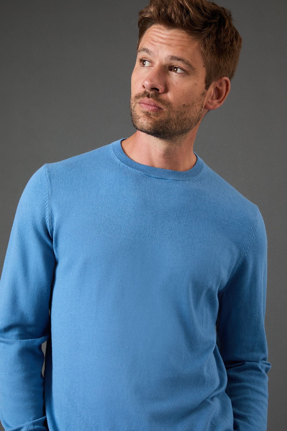Burton Burton Men's Cotton Rich Crew Neck Jumper in Mid Blue - 4