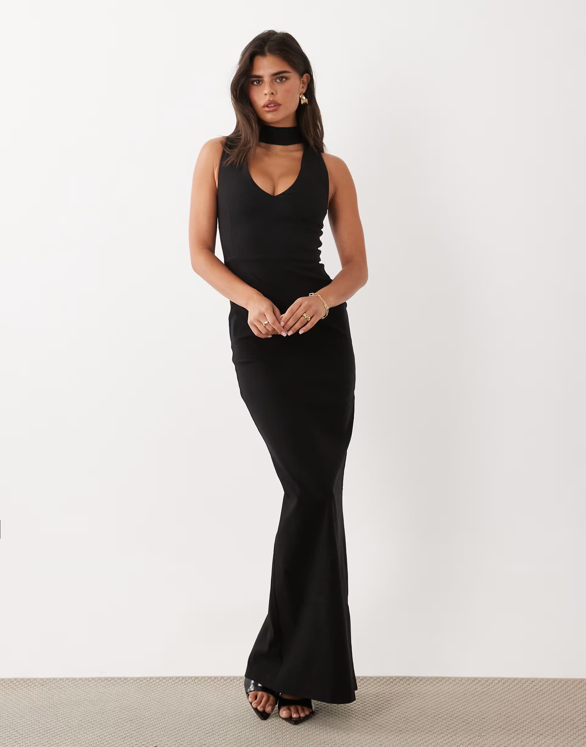 ASOS Vesper bengaline scoop maxi dress with high neck detail in black - BLACK