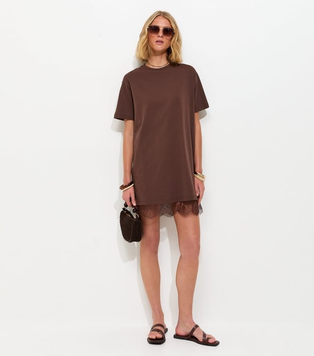 New Look Women's Dark Brown Lace Hem Trim Mini T-Shirt Dress New Look - 3