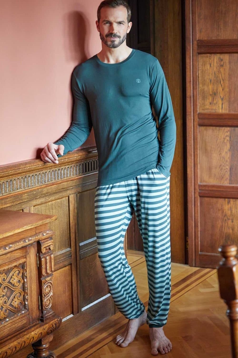 British Boxers British Boxers Men's "Pine Forest" Stripe Bamboo Pyjama Set in Green