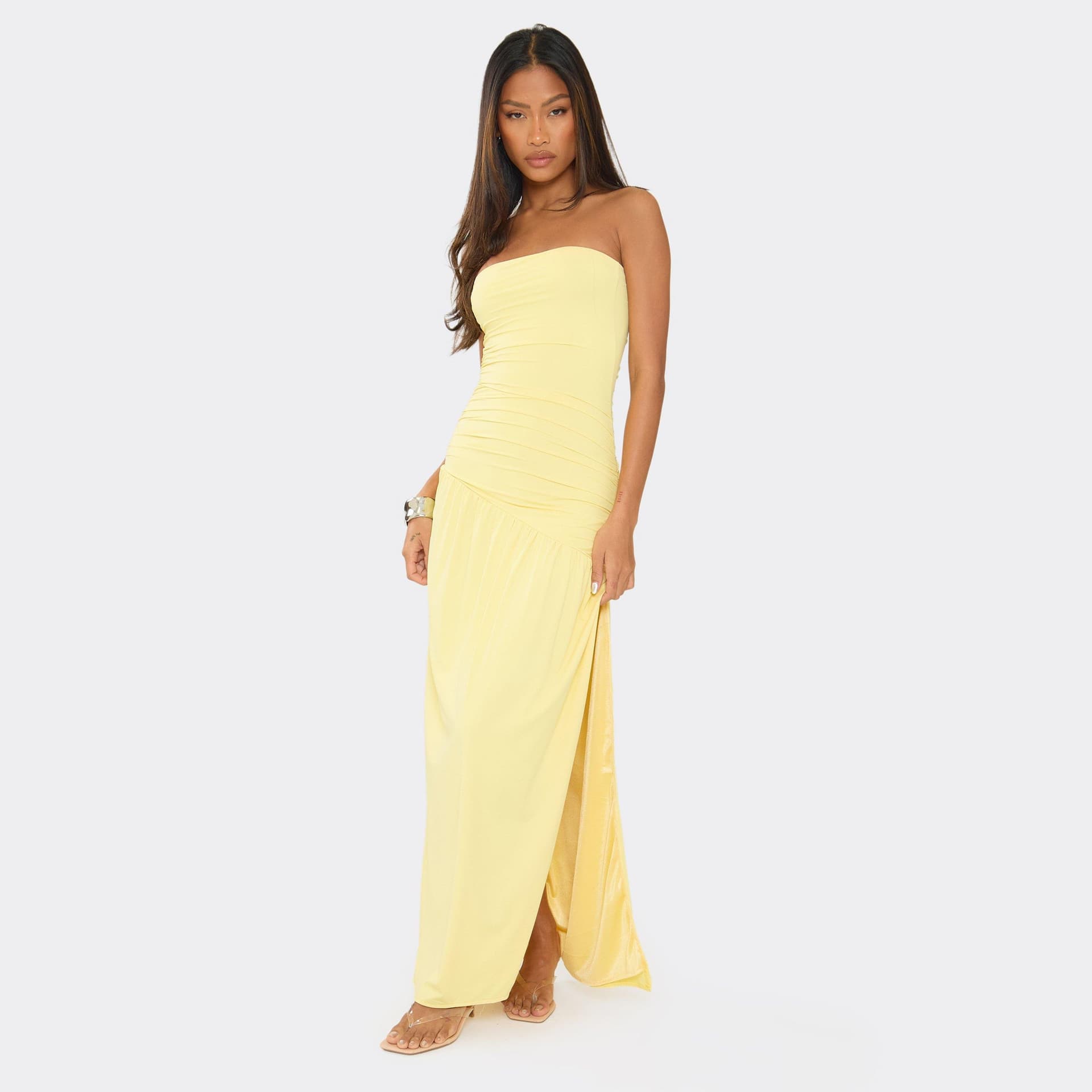 EGO Bandeau Asymmetric Hem Detail Side Split Draped Maxi Dress In Lemon, Women's Size UK 6