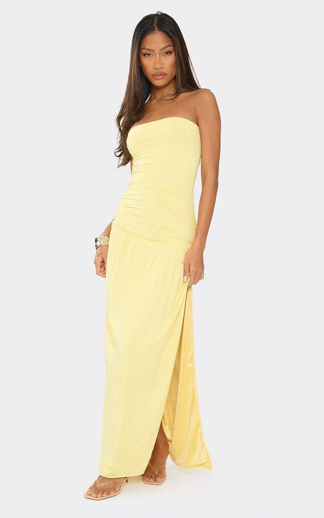 EGO Bandeau Asymmetric Hem Detail Side Split Draped Maxi Dress In Lemon, Women's Size UK 6 - 2